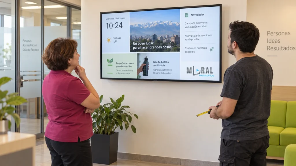 Imagen ilustrativa de dos personas revisando una pantalla corporativa instalada en una recepción.