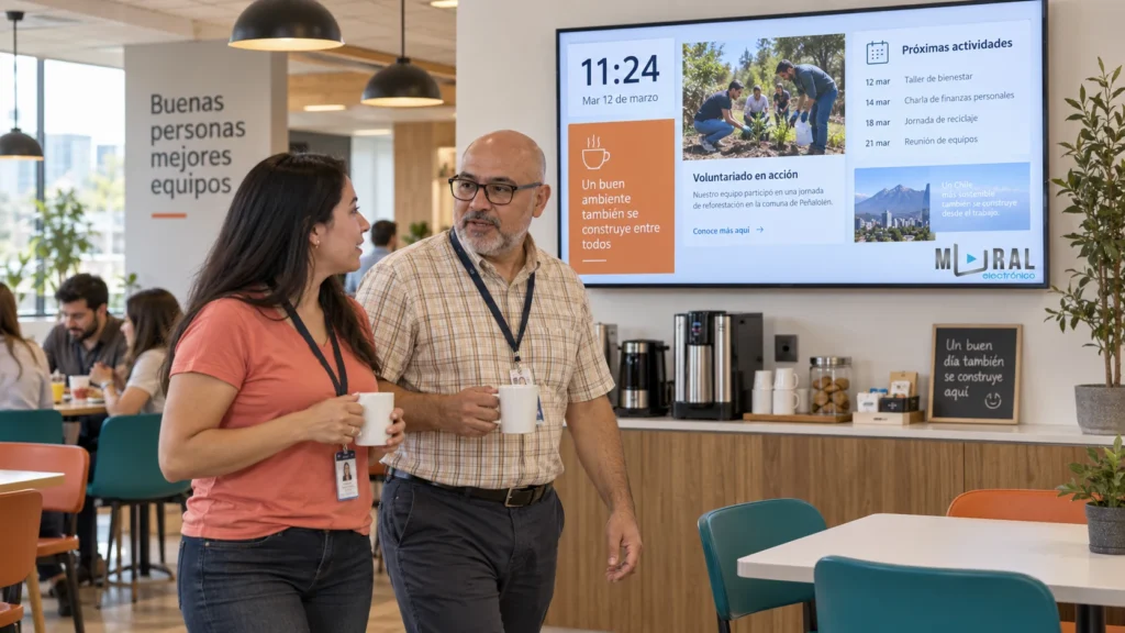Imagen ilustrativa de dos colegas conversando en una cafetería de empresa junto a una pantalla dividida en regiones informativas.
