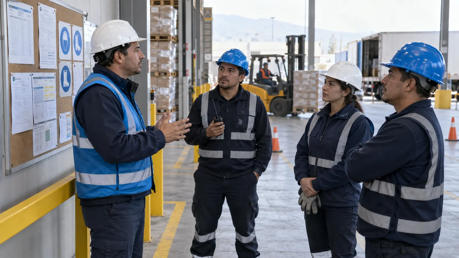 Supervisor conversando con un equipo operativo junto a una cartelera informativa