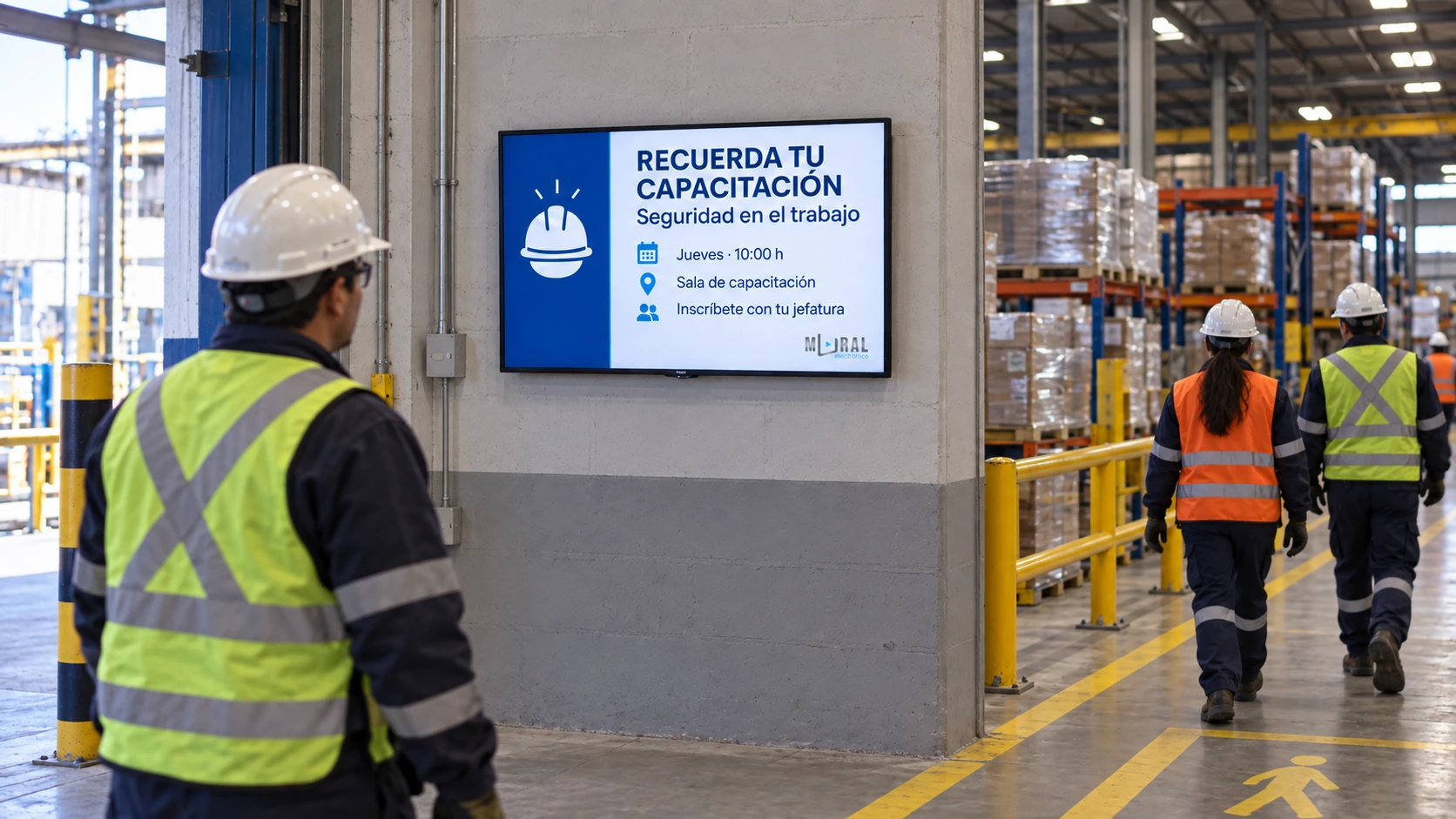 Trabajadores de una bodega junto a una pantalla corporativa que recuerda una capacitación en seguridad laboral