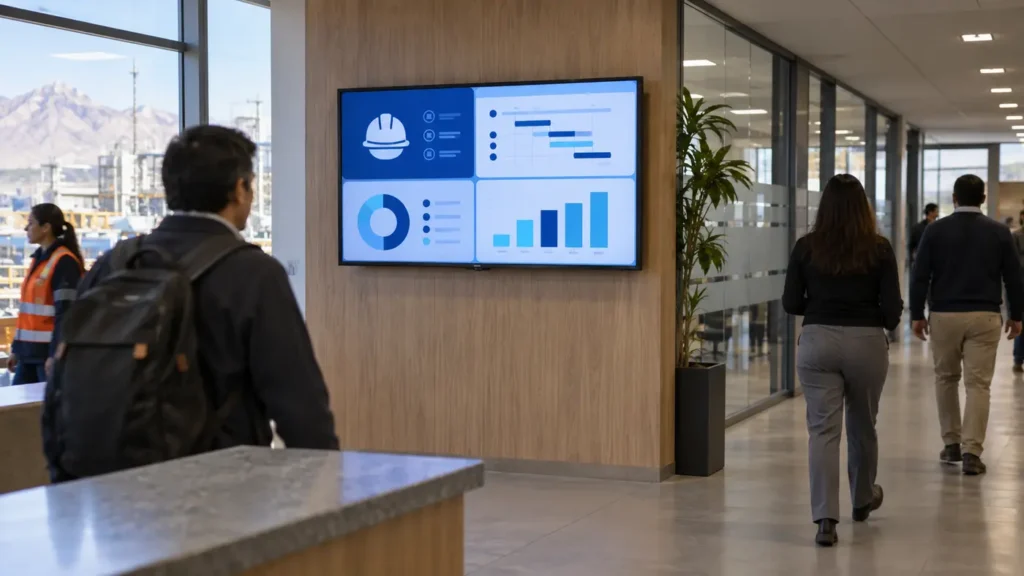 Pantalla corporativa con información de seguridad, operaciones e indicadores en una oficina