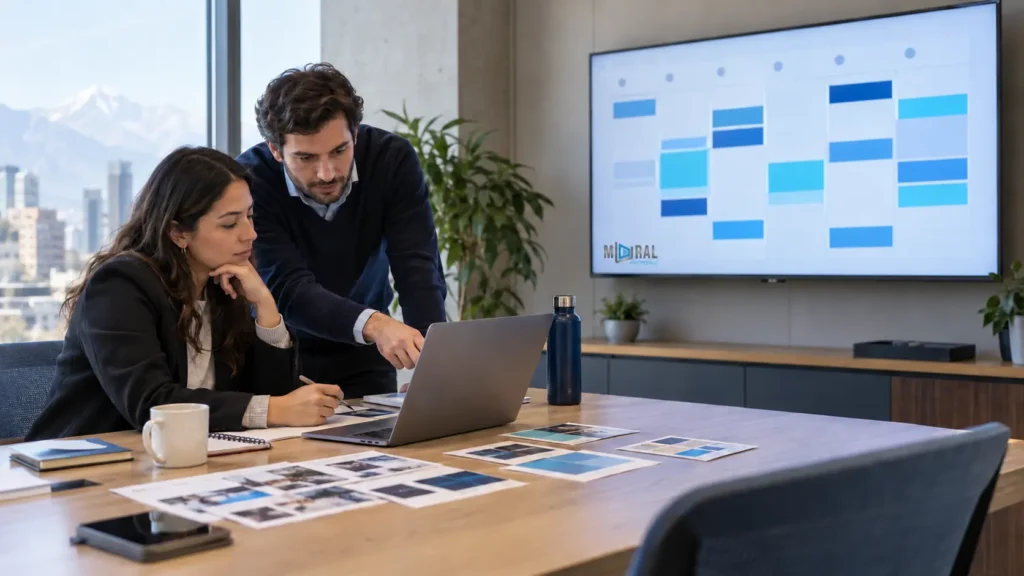 Equipo de comunicaciones planificando contenidos semanales para pantallas corporativas