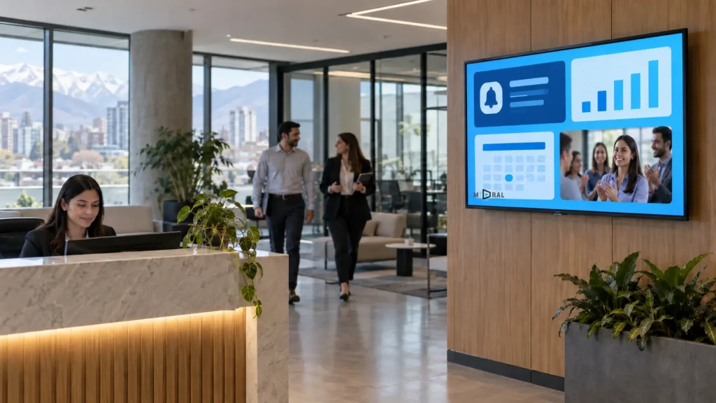 Pantalla corporativa con contenidos de comunicación interna en la recepción de una oficina en Santiago