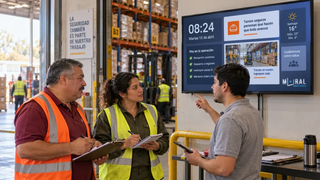 Imagen ilustrativa de trabajadores intercambiando información junto a una pantalla en la zona segura de una bodega.