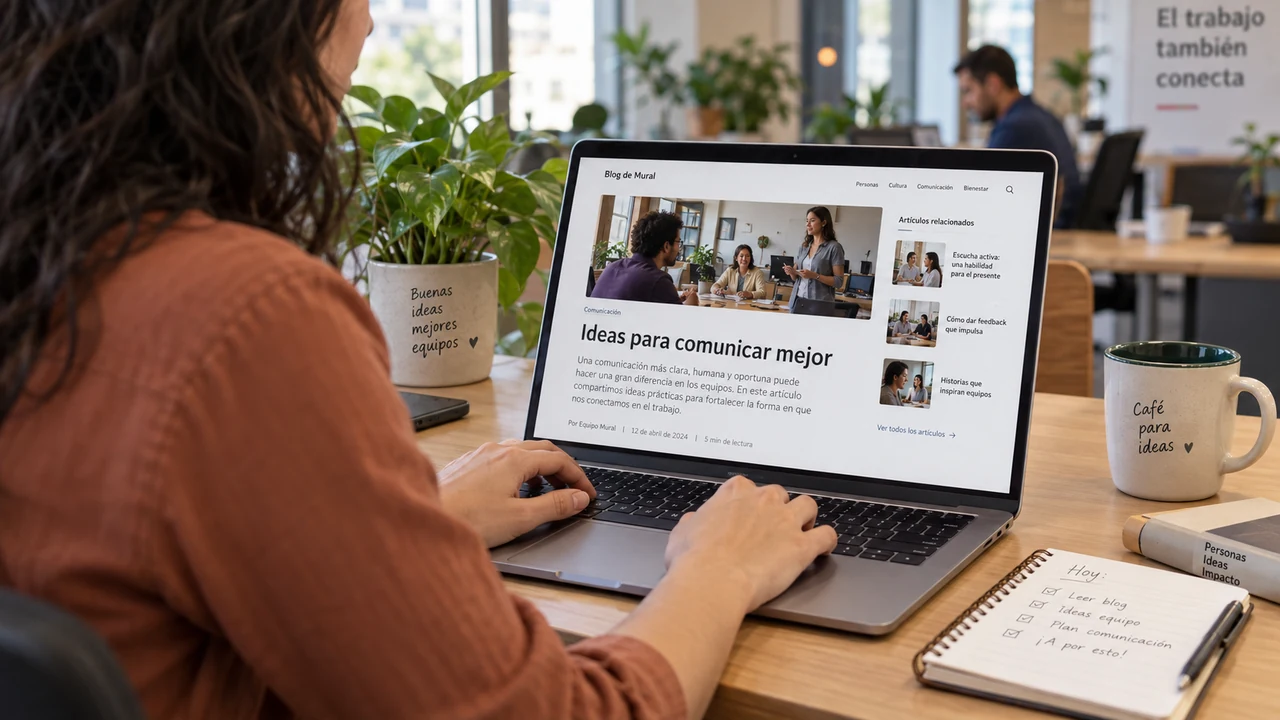 Imagen ilustrativa de una profesional leyendo artículos del blog de comunicación interna en una oficina.