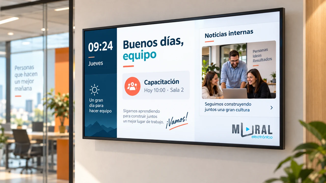 Pantalla corporativa ilustrativa con hora, capacitación, noticias internas y el logo completo integrado de Mural Electrónico.