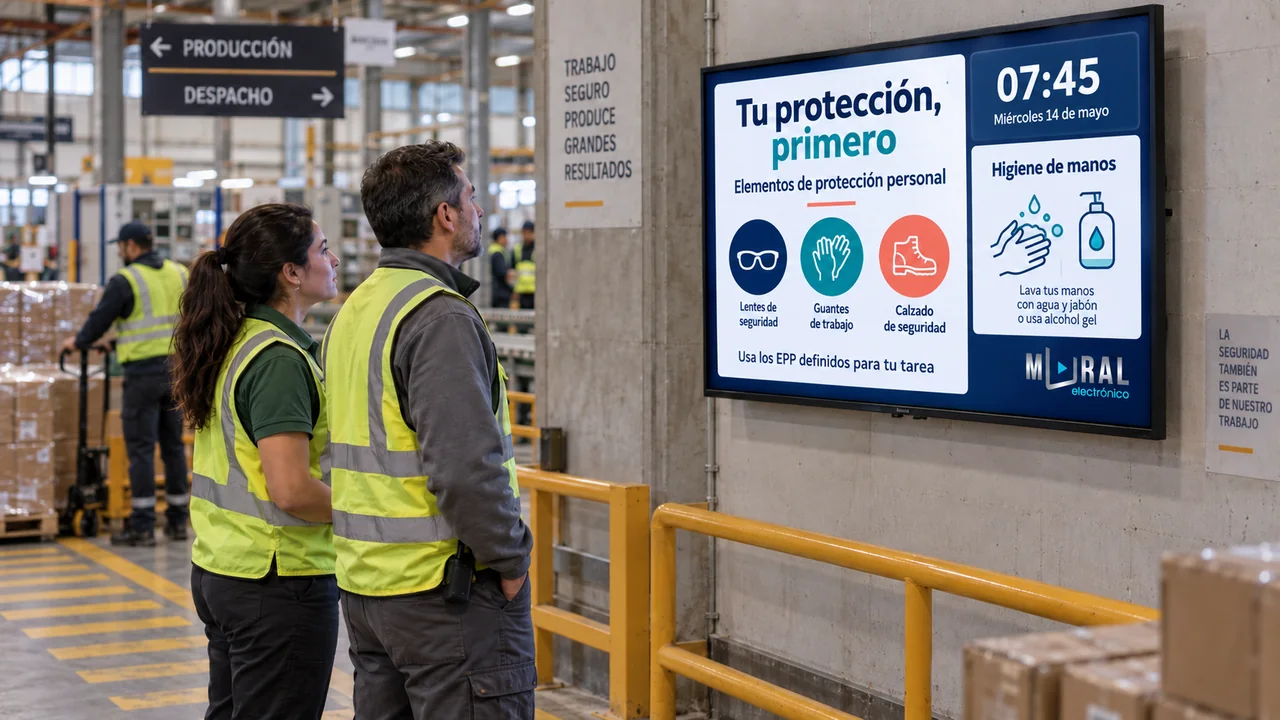 Trabajadores de una planta junto a una pantalla con recomendaciones de elementos de protección personal e higiene de manos.