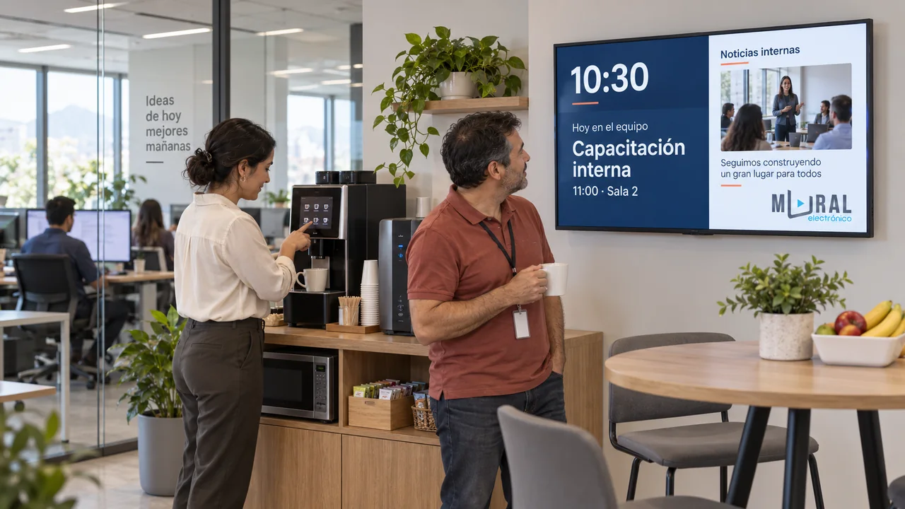 Dos colaboradores en el rincón de café de una oficina: una mujer se sirve café y un hombre mira la pantalla de comunicación interna.