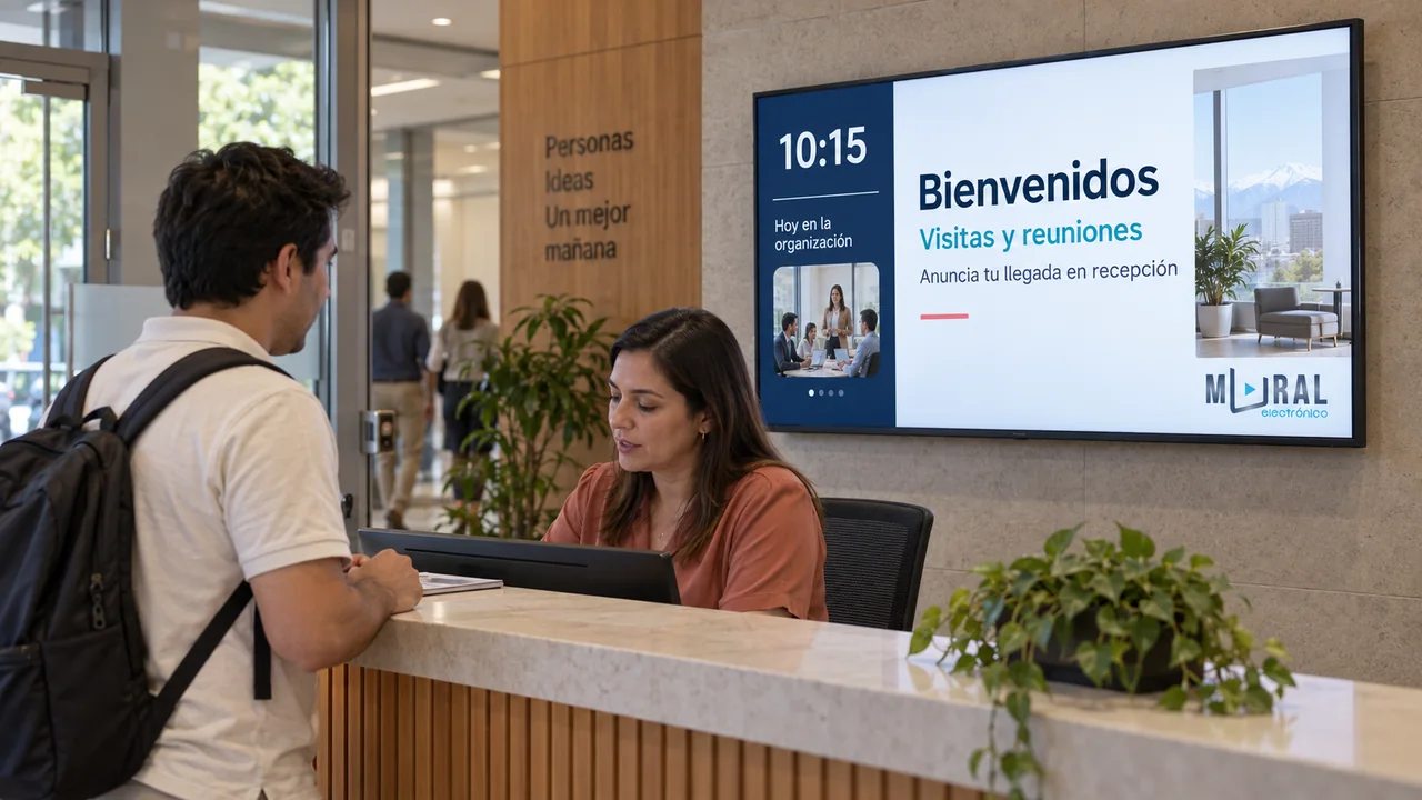 Recepción de una empresa con una pantalla que da la bienvenida y muestra información útil.