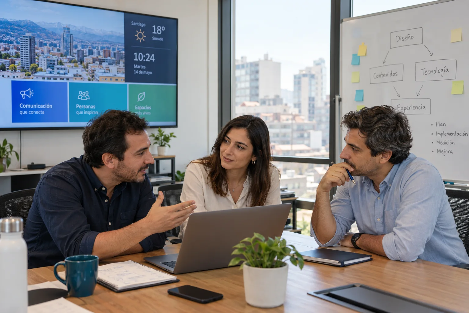 Escena ilustrativa de tres profesionales conversando en una oficina de Santiago, con una pantalla informativa y una pizarra de planificación.