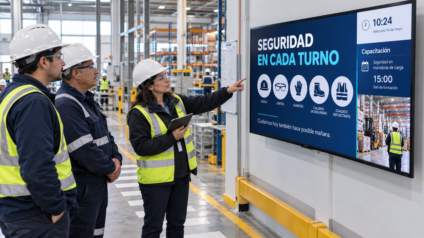 Escena ilustrativa de una supervisora y dos trabajadores observando una pantalla con avisos de seguridad en la zona peatonal de una planta.