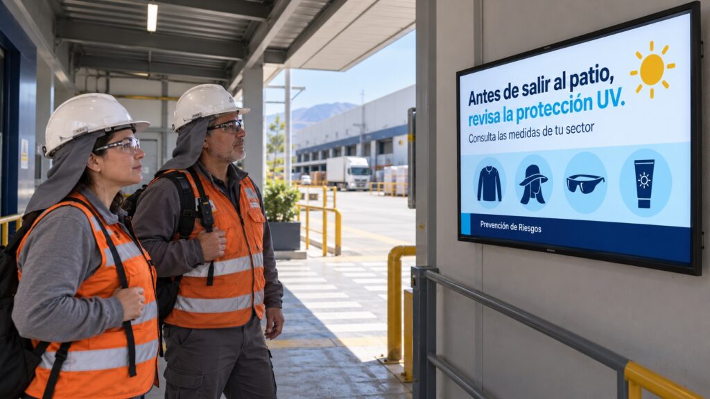 Escena ilustrativa de dos trabajadores en un acceso cubierto de una planta, observando una pantalla con el recordatorio «Antes de salir al patio, revisa la protección UV».