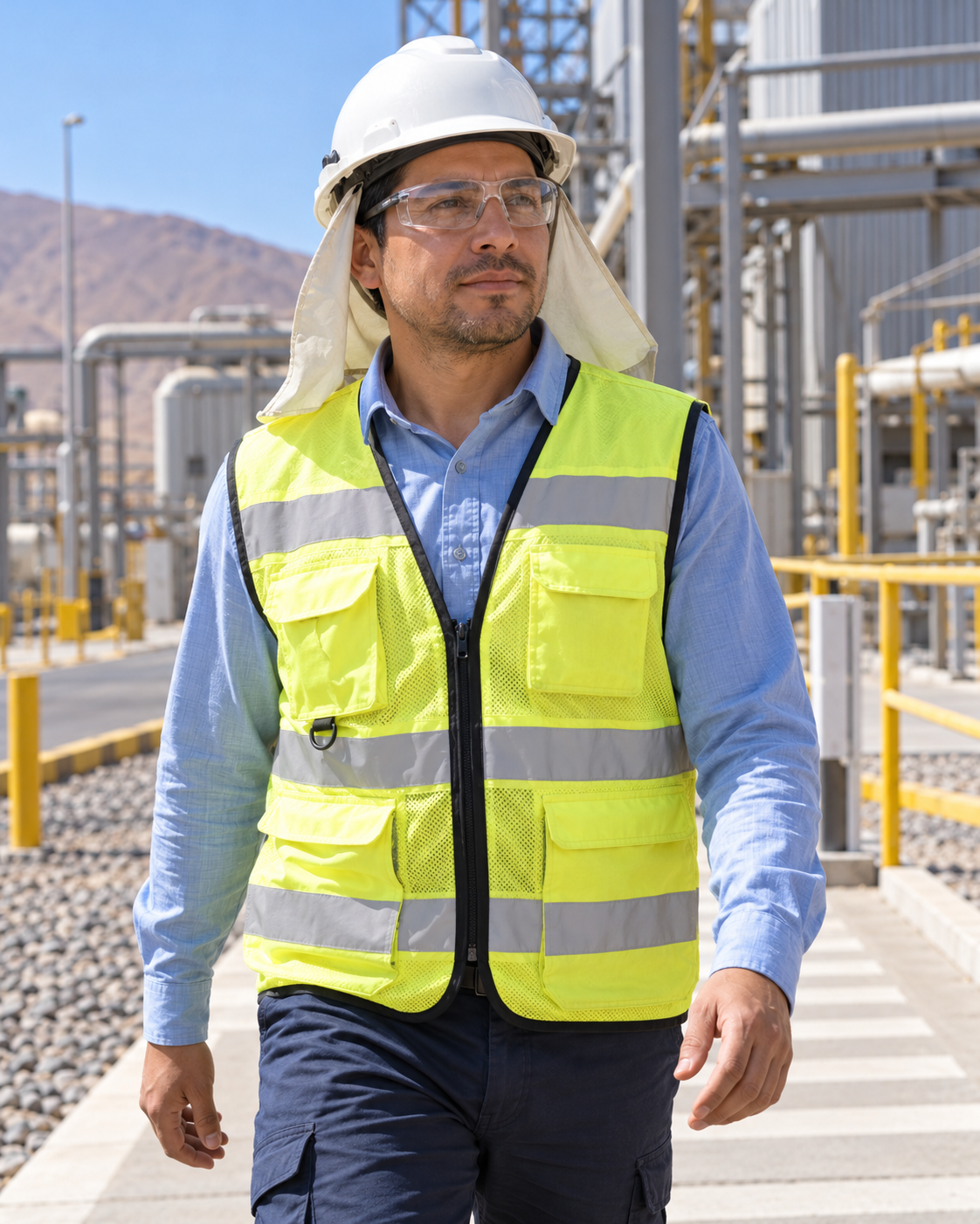 Imagen ilustrativa de un trabajador con protección solar caminando en una planta industrial
